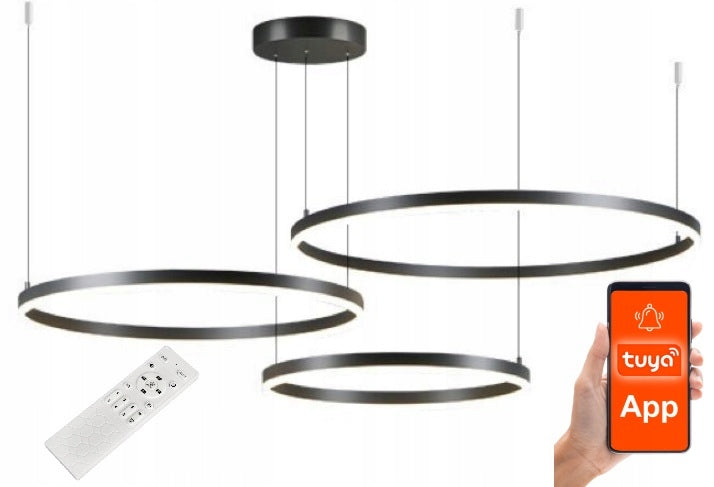 LAMPA WISZĄCA 3 RINGI SUFITOWA żyrandol 100W PILOT 40/60/80 xxl TUYA PAMIĘĆ czarna oprawa LED z aluminium do salonu i