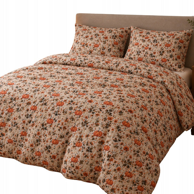 Komplet pościeli bawełnianej Jesienne dynie Produkt Polski Poszwa 160x200 3 części, poduszki 70x80, zamek błyskawiczny, kwiatowy wzór, biała