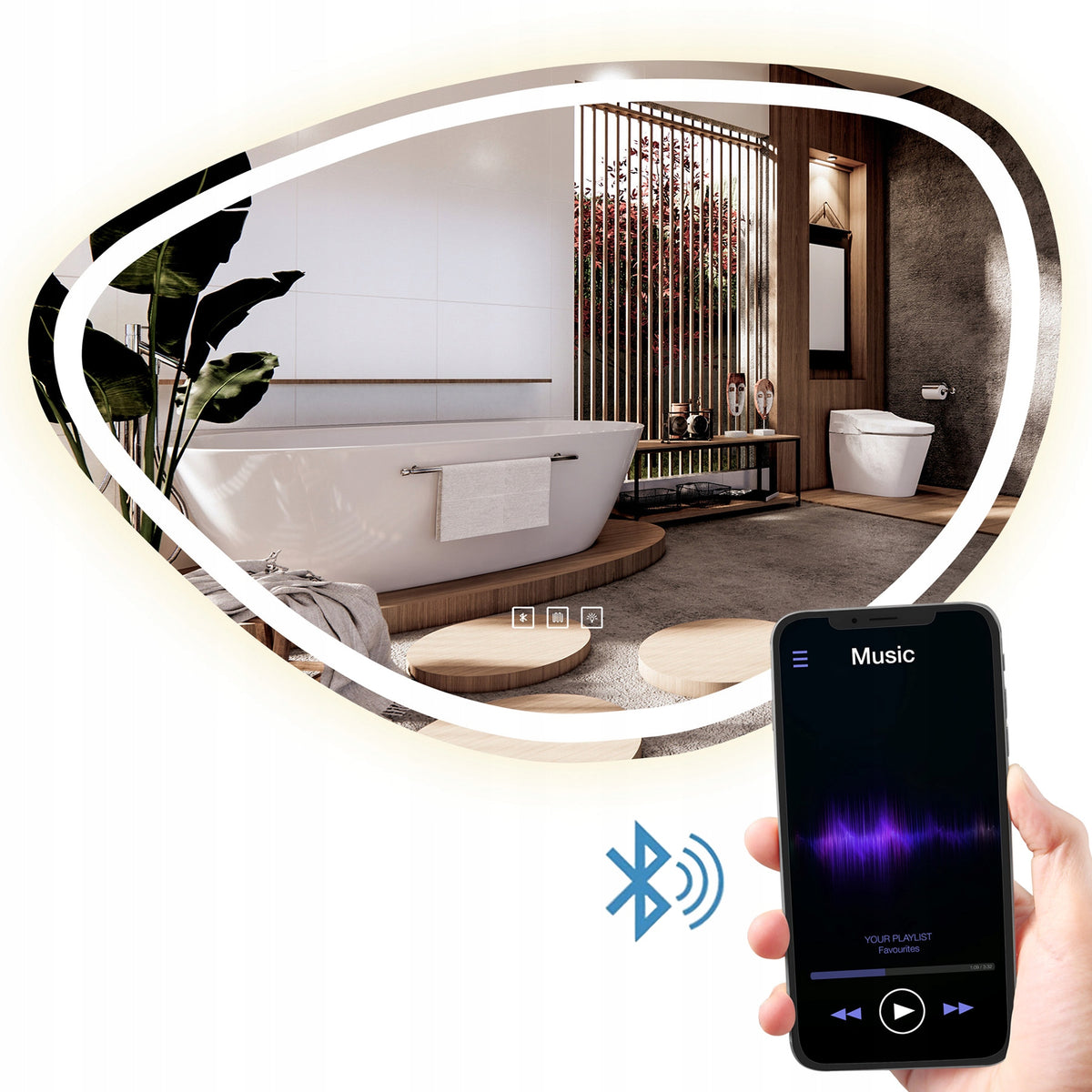 Lustro łazienkowe podświetlane LED asymetrczyne FOG z bluetooth 70x100cm zwykłe 1000 mm 700 mm