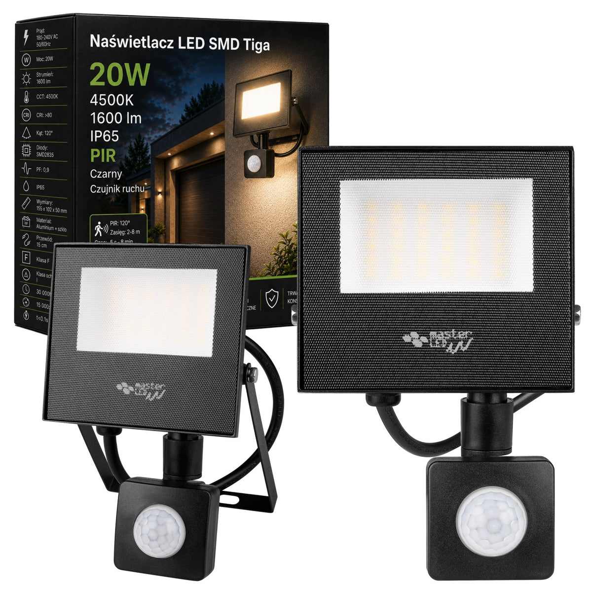 HALOGEN LED z czujnikiem ruchu naświetlacz lampa 20W 4500K ZEWNĘTRZNY IP65 reflektor do ogrodu, garażu i podjazdu, 1600
