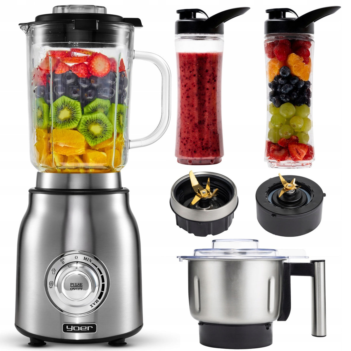 Blender kielichowy Yoer szklany 4w1 2,4l 1800W +stal inox +Młynek +2 Bidony