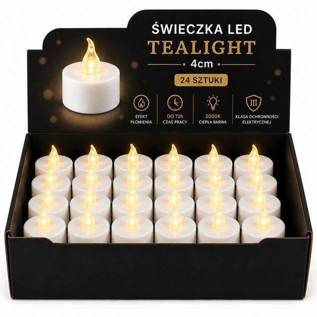 Wkłady LED Tealight świeczki 24 szt białe 4cm płomień baterie w zestawie podgrzewacze dekoracyjne do świeczników i stroików