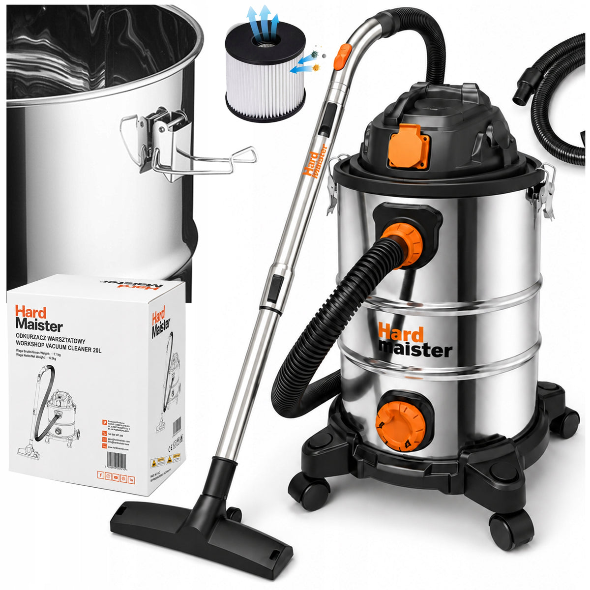 Odkurzacz przemysłowy z otrząsaczem warsztatowy hepa 20l mocny sucho mokro do pyłu i garażu, filtr klasy H, 1200 w, 32