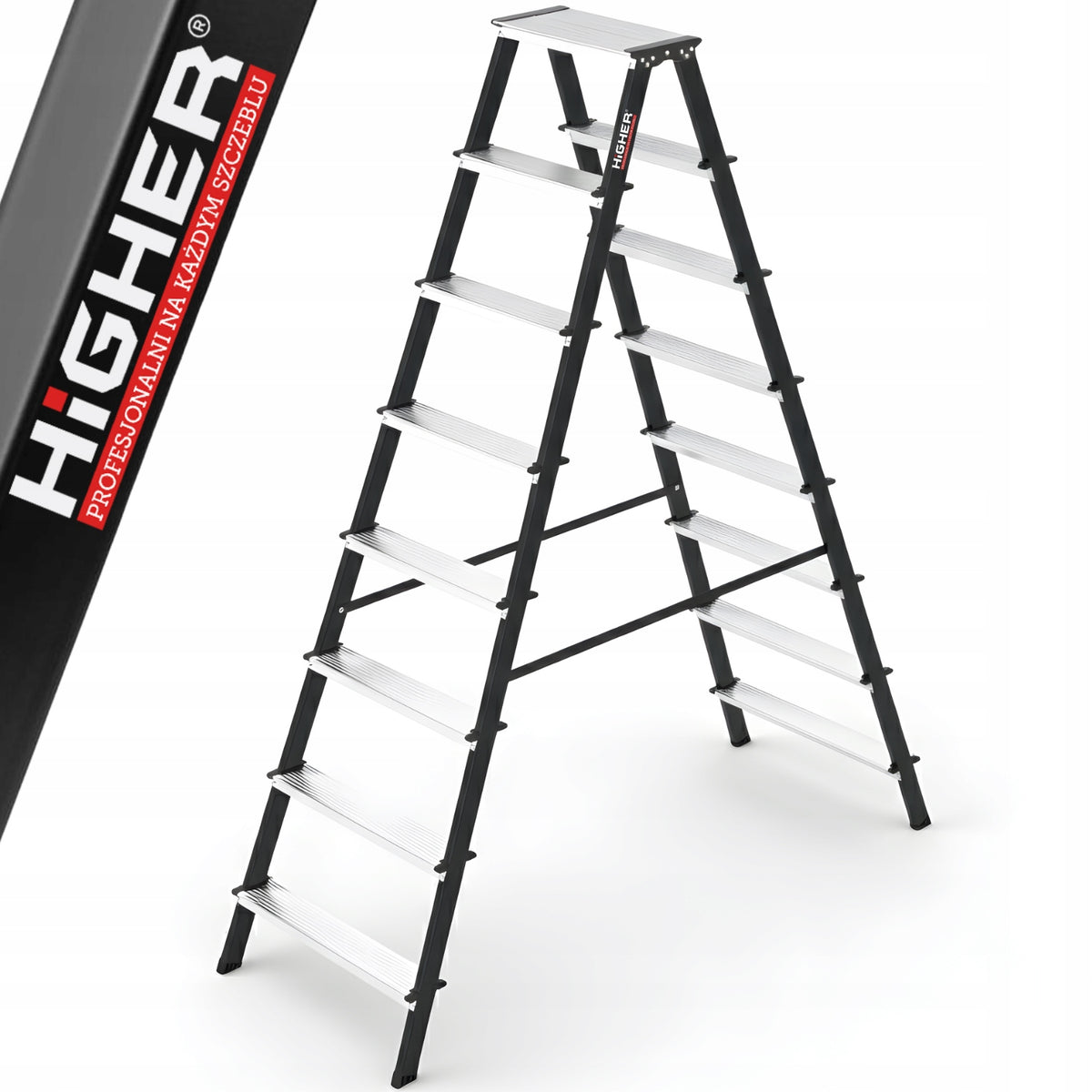 Drabina drabinka domowa 2x8 dwustronna składana mocna 150 kg higher schodki stalowa, wysokość robocza 3,67 m, podest