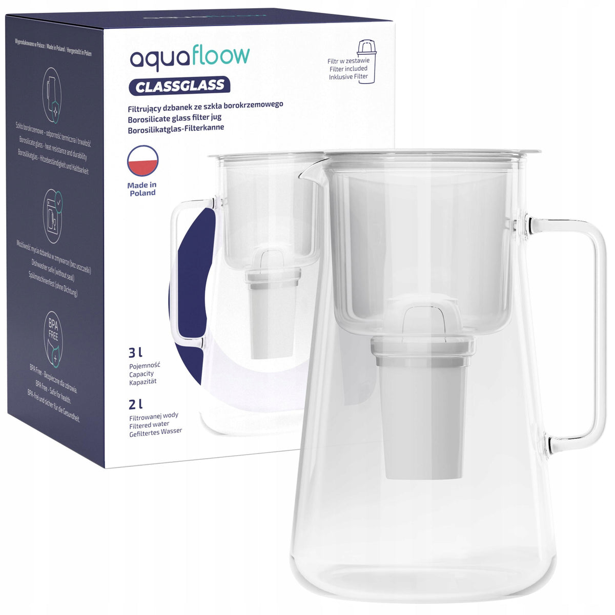 Dzbanek filtrujący szklany AquaFloow ClassGlass 3 l biały + filtr Class