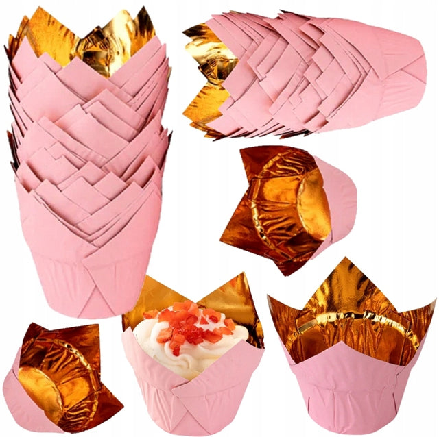 Papilotki Do Muffinek różowo złote Tulipan 50 x 40 mm 50 sztuk III RZ foremki babeczkowe, osłonki cukiernicze