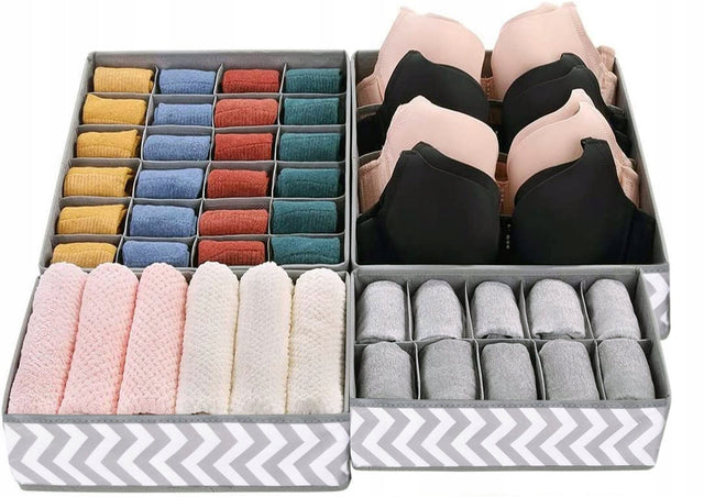 Zestaw 4x organizer wkład pojemnik do szuflady szafy na bieliznę skarpetki kosze materiałowe, przegródki garderobiane, odzież, szare 33x17x10 cm