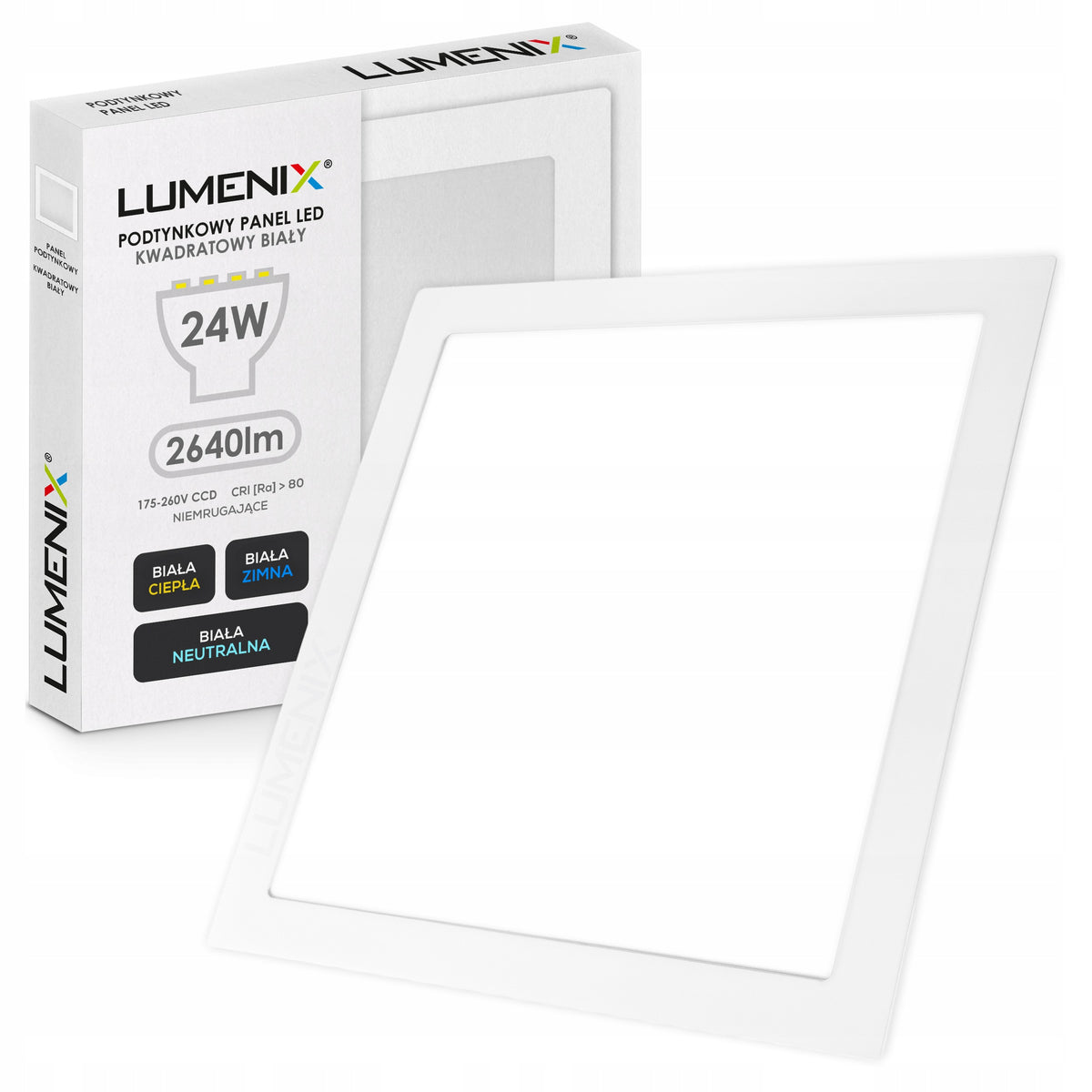 Panel Plafon Sufitowy LED Podtynkowy Kwadrat 24W 2640lm Nie mruga CCD slim lampa wewnętrzna neutralna biała 29 cm
