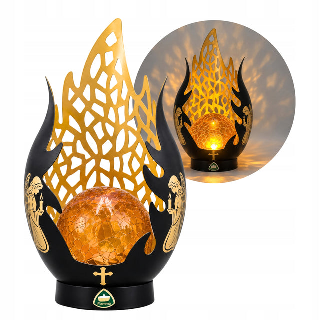 Znicz solarny LED 29cm metalowy lampion wieczny płomień czujnik zmierzchu lampka cmentarna na grób, dekoracja nagrobna z baterią