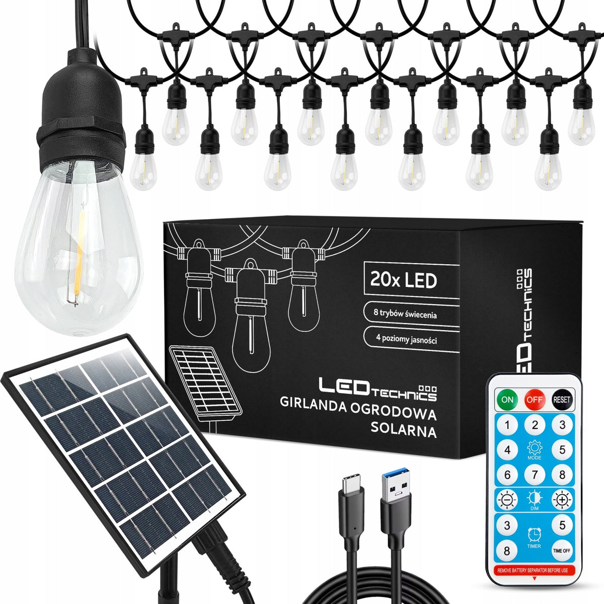 Girlanda Solarna Ogrodowa Zewnętrzna 20m 20x Żarówka LED Lampki Na Pilot łańcuch świetlny dekoracyjny na balkon i