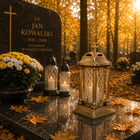 Znicz szklany lampion duży ozdobny Kolumna Kapliczka Złoty 36 cm na grób świeca LED na cmentarz