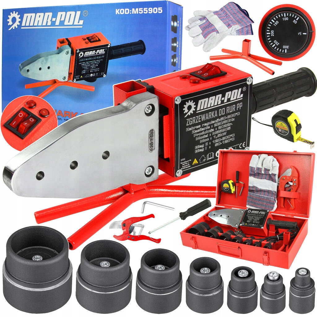 ZGRZEWARKA DO RUR PCV DUŻA 1500W MAR-POL do instalacji hydraulicznych, termostat 300°C, średnice 16–63 mm, walizka