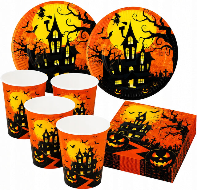 Zestaw Talerzyki Kubeczki Serwetki papierowe Nawiedzony Dom Halloween zastawa jednorazowa na przyjęcie tematyczne