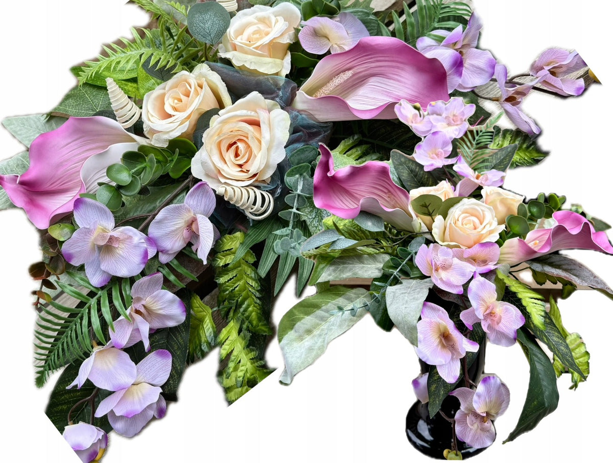 Wiązanka + bukiet Kwiaty Stroik na Grób Cmentarz Sztuczne Orchidee Róże do wazonu, dekoracja nagrobna 70 cm