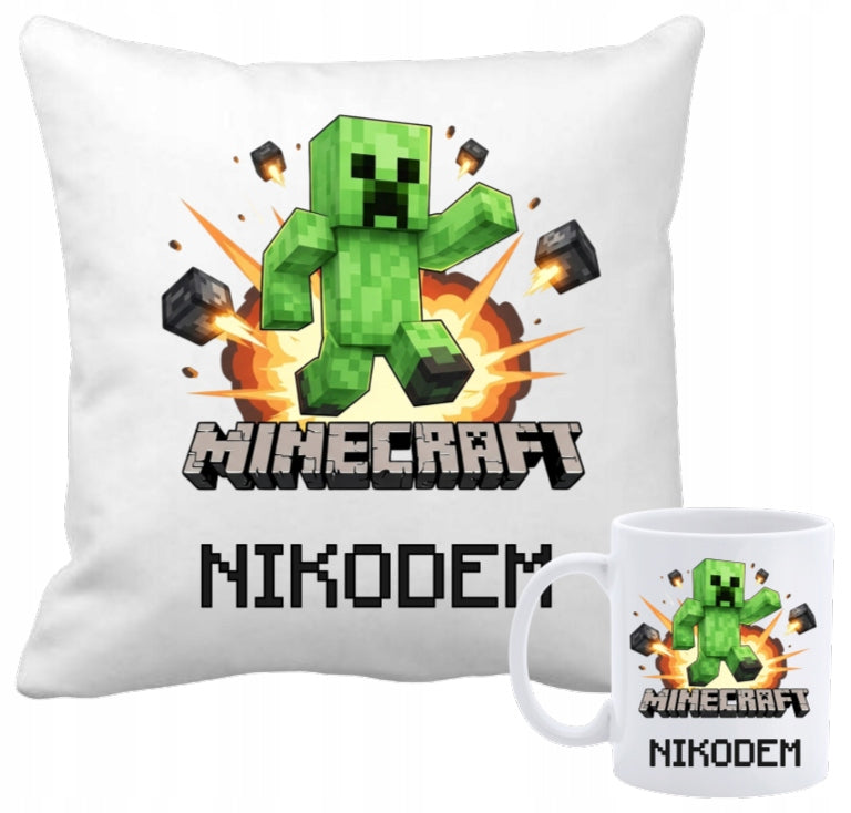 Zestaw kubek 330ml + poduszka minecraft + imię personalizacja prezent dla fana gier, gadżet dekoracyjny do pokoju gracza