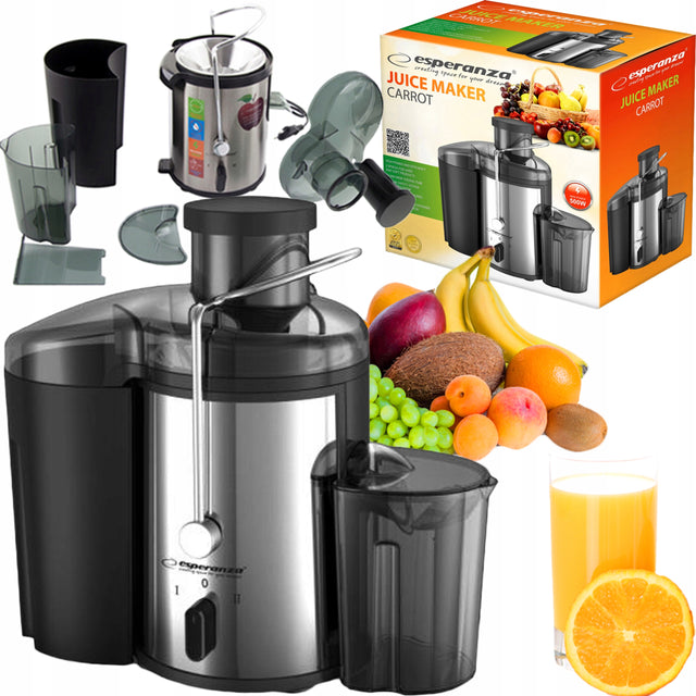 Sokowirówka Esperanza Carrot EKJ0002 500 w czarna wirówka do owoców i warzyw, 2 prędkości, otwór 6,5 cm, pojemnik na miąższ 1,5 l