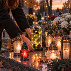 Znicz na cmentarz duży, świeci JAK znicz solarny, róża wieczna LED, czarna lampion nagrobny ozdoba grobu kwiat świetlny