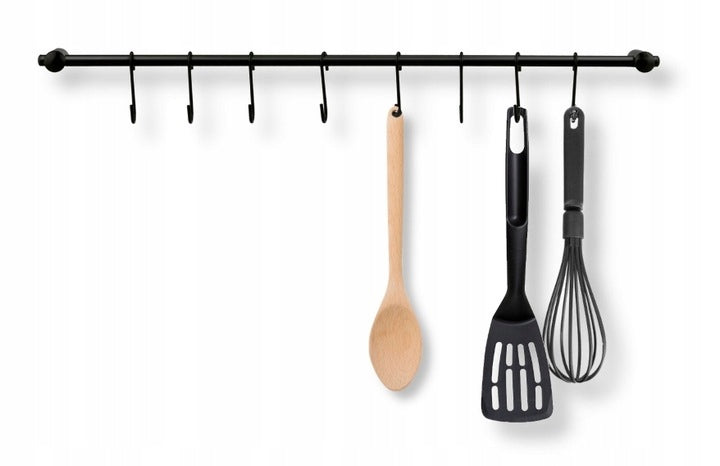 Reling kuchenny czarny +haczyki 8szt wieszak na przybory kuchenne 54cm organizer akcesoriów, do łopatek i chochli