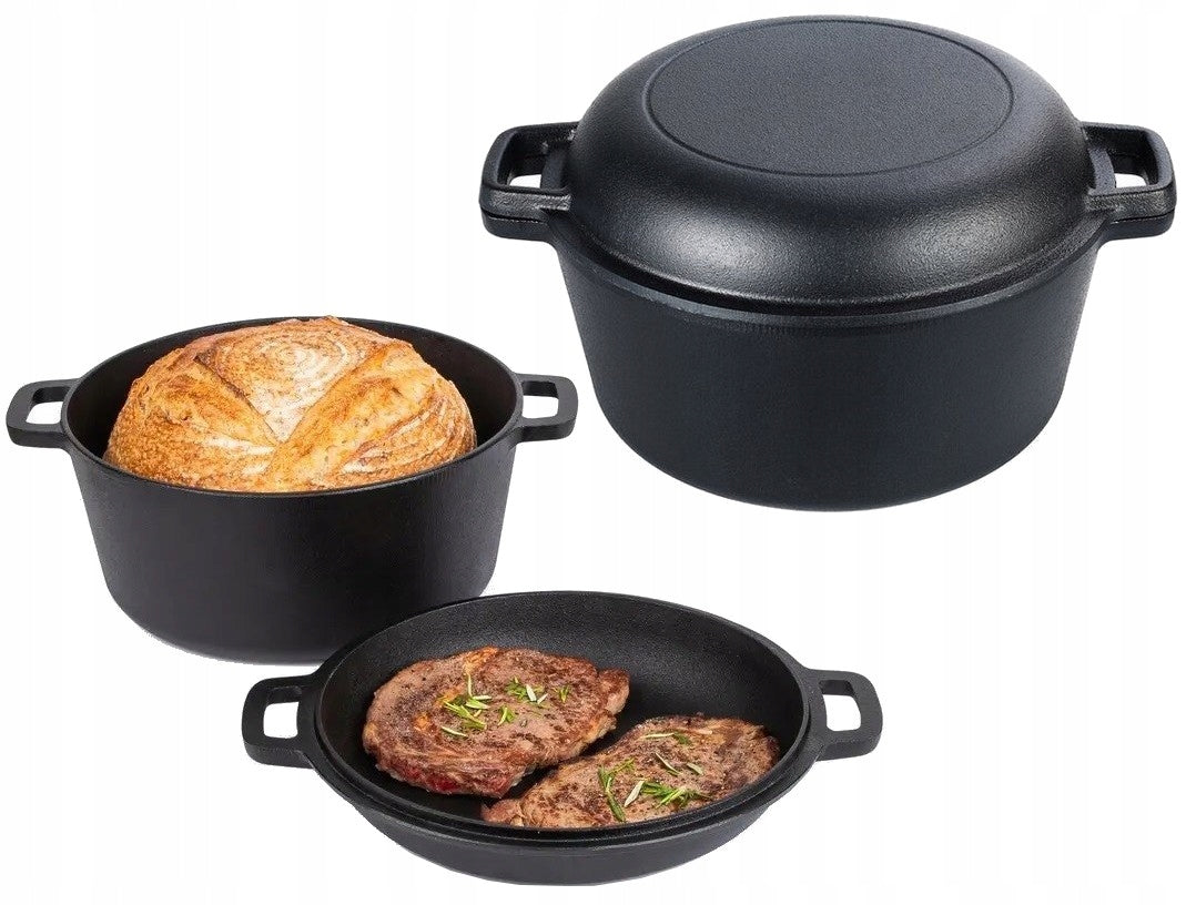 Garnek Żeliwny z Pokrywą 24cm Patelnia Garnek Brytfanka 3,5 L indukcja GAZ naczynie do duszenia i smażenia, zestaw 2w1