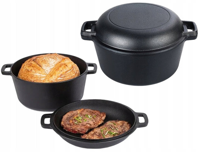 Garnek Żeliwny z Pokrywą 24cm Patelnia Garnek Brytfanka 3,5 L indukcja GAZ naczynie do duszenia i smażenia, zestaw 2w1