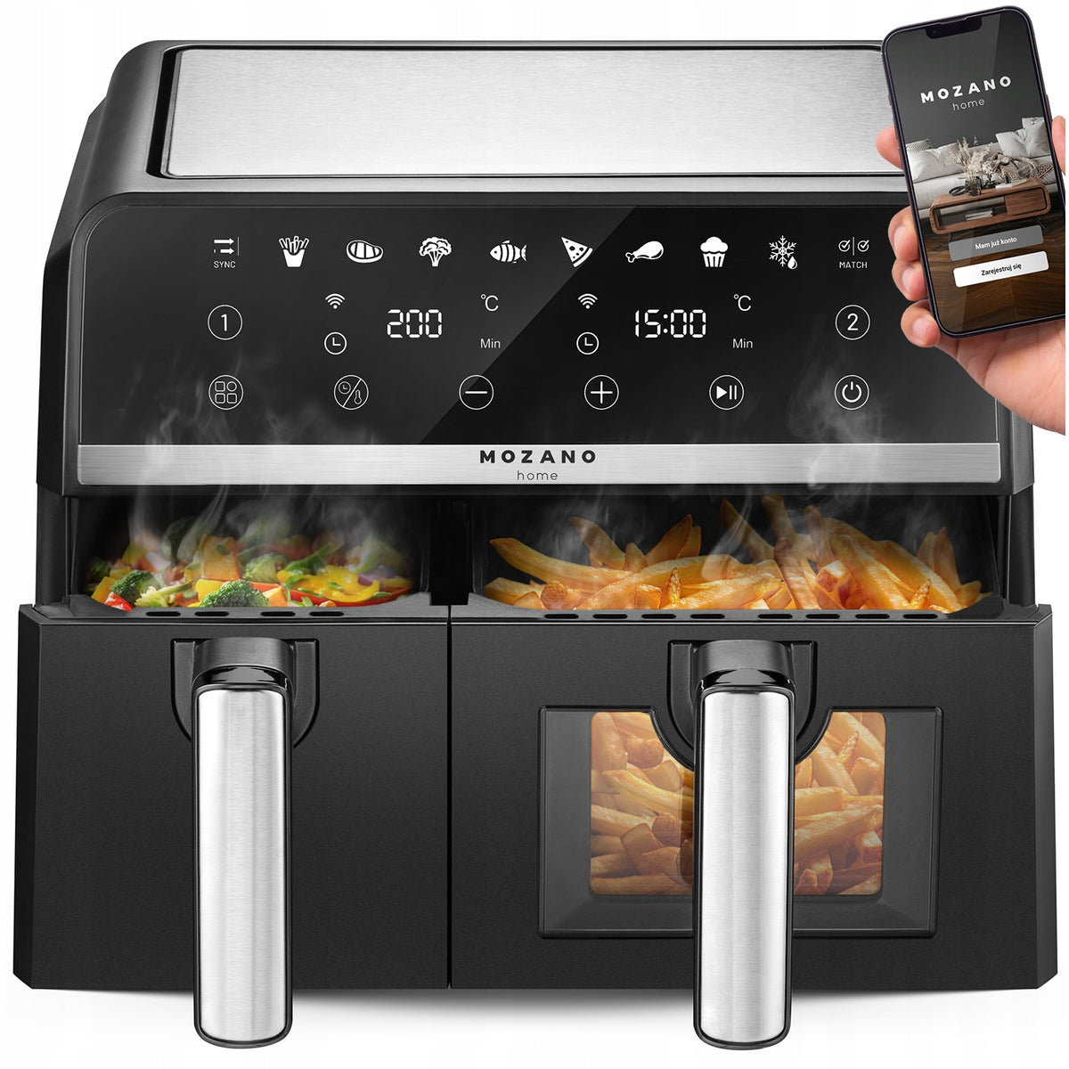 Frytkownica beztłuszczowa dwukomorowa 9l AIR fryer 2600W 8 trybów wifi czarny