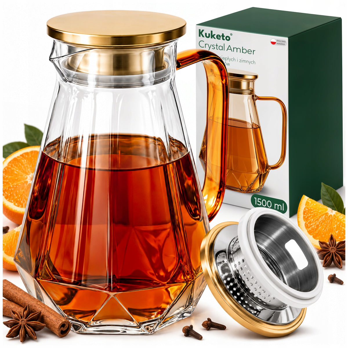 DZBANEK DO HERBATY ZIÓŁ SZKLANY zaparzacz Z SITKIEM FILTREM na wodę 1500ML do kawy, żaroodporny, złoty