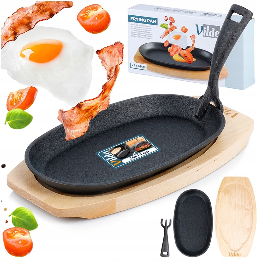 Patelnia żeliwna na desce serwowania potraw gorący półmisek talerz sizzler naczynie kuchenne 24 cm indukcja gaz