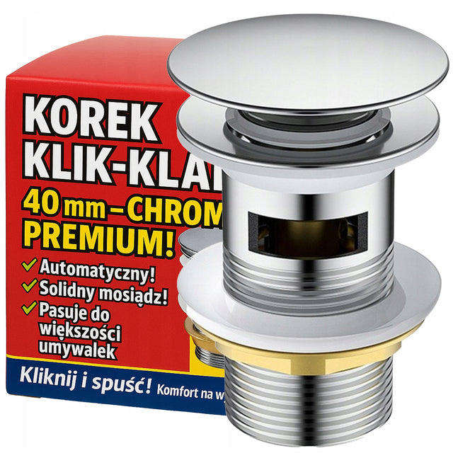 Korek klik klak do umywalki z przelewem mosiądz korek click clack chrom klik-klak srebrny umywalka