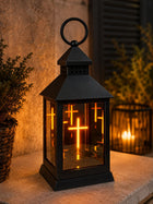 Kapliczka LED czarna krzyż Lustro 25 cm z bateriami znicz nagrobny, lampion cmentarny, dekoracja na grób