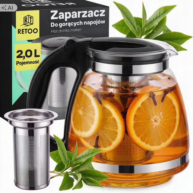 Szklany dzbanek 2l do herbaty ziół z zaparzaczem sitkiem zaparzacz do kawy naczynie na napary, bezbarwne, 2000 ml, można myć w zmywarce