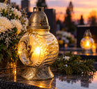 Duży Znicz szklany Kalia 23 cm z wkładem parafinowym złoty na grób 6 sztuk lampion na cmentarz, dekoracja nagrobka