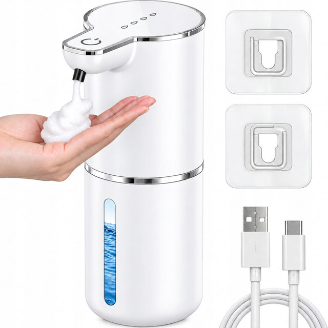 Dozownik mydła w pianie 380ml automatyczny bezdotykowy dyspenser biały USB do łazienki, akumulatorowy, stojący, pojemnik na płyn