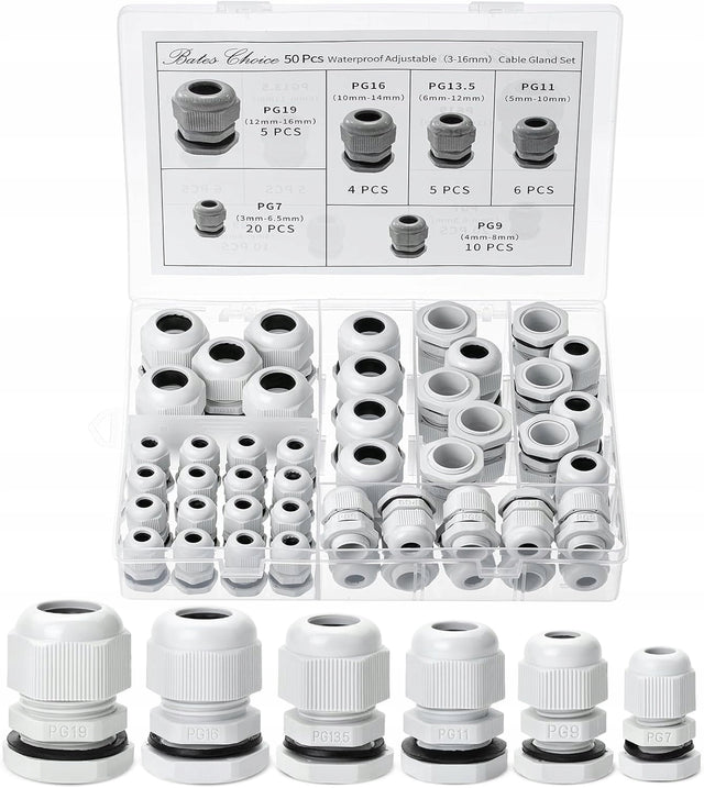 Zestaw biały XXL dławik kablowy dławnica kablowa 3-16mm IP68 Wodoodporny przepusty do przewodów, złącza instalacyjne, komplet 50 sztuk
