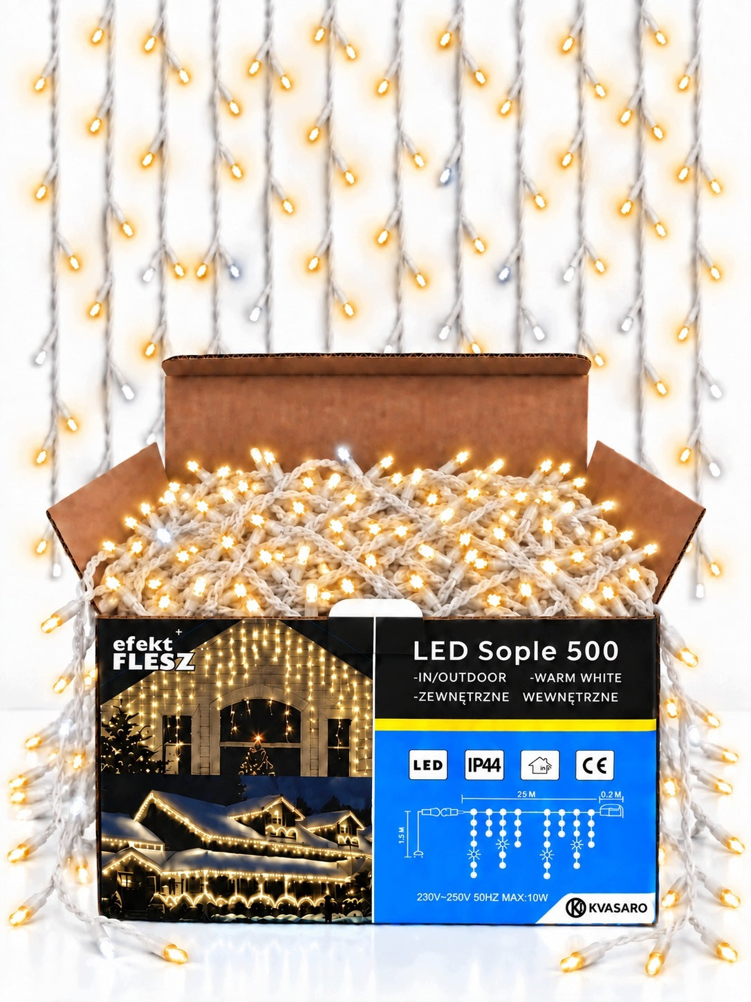 SOPLE 500LED KURTYNA LAMPKI ZEWNĘTRZNE IP44 BIAŁY CIEPŁY + ZIMNY FLASH 25M kurtyna świetlna 2500 cm