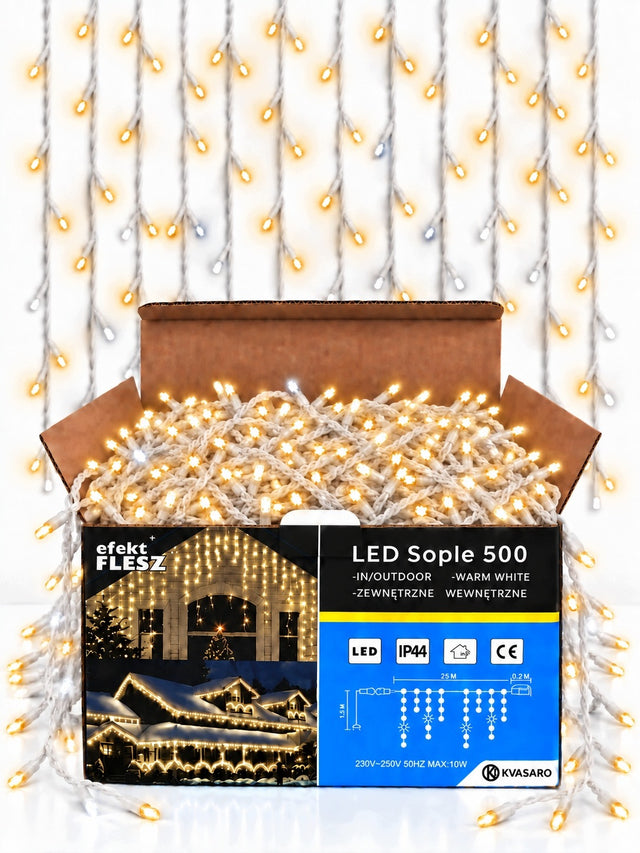 Sople 500LED kurtyna lampki zewnętrzne IP44 biały ciepły + zimny flash 25m kurtyna świetlna 2500 cm dekoracja świąteczna na dom, balkon i taras LED