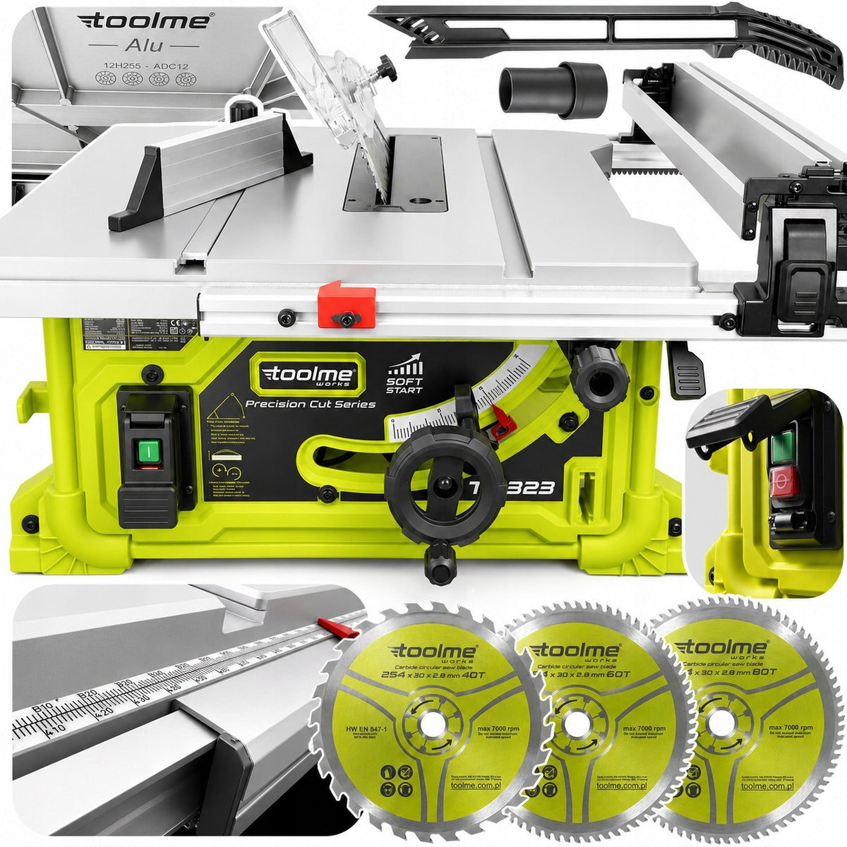 Piła stołowa pilarka 2000W 254mm ALU blat krajzega przecinarka toolme TM323 głębokość cięcia 85 mm, 4700 obr/min