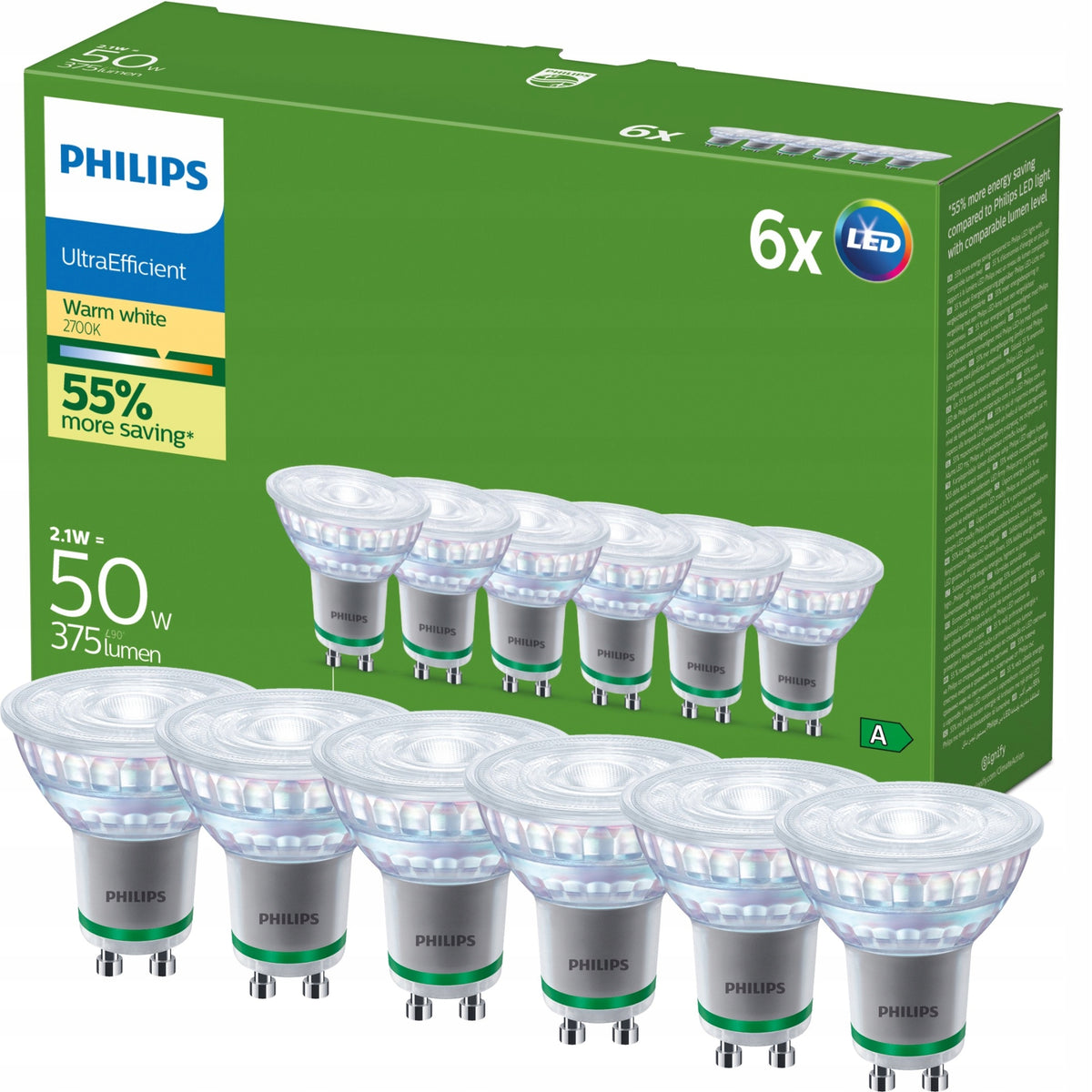 Żarówka LED GU10 philips 2.1W = 50W 190lm/W 2700K Ciepła 36° klasa a 6 szt. reflektorowa, spot do opraw sufitowych, 400