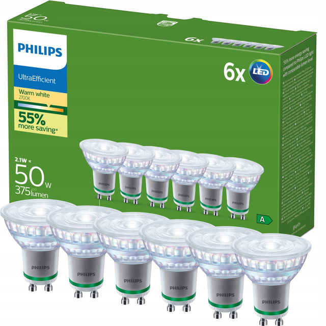 Żarówka LED GU10 philips 2.1W = 50W 190lm/W 2700K Ciepła 36° klasa a 6 szt. reflektorowa, spot do opraw sufitowych, 400 lm