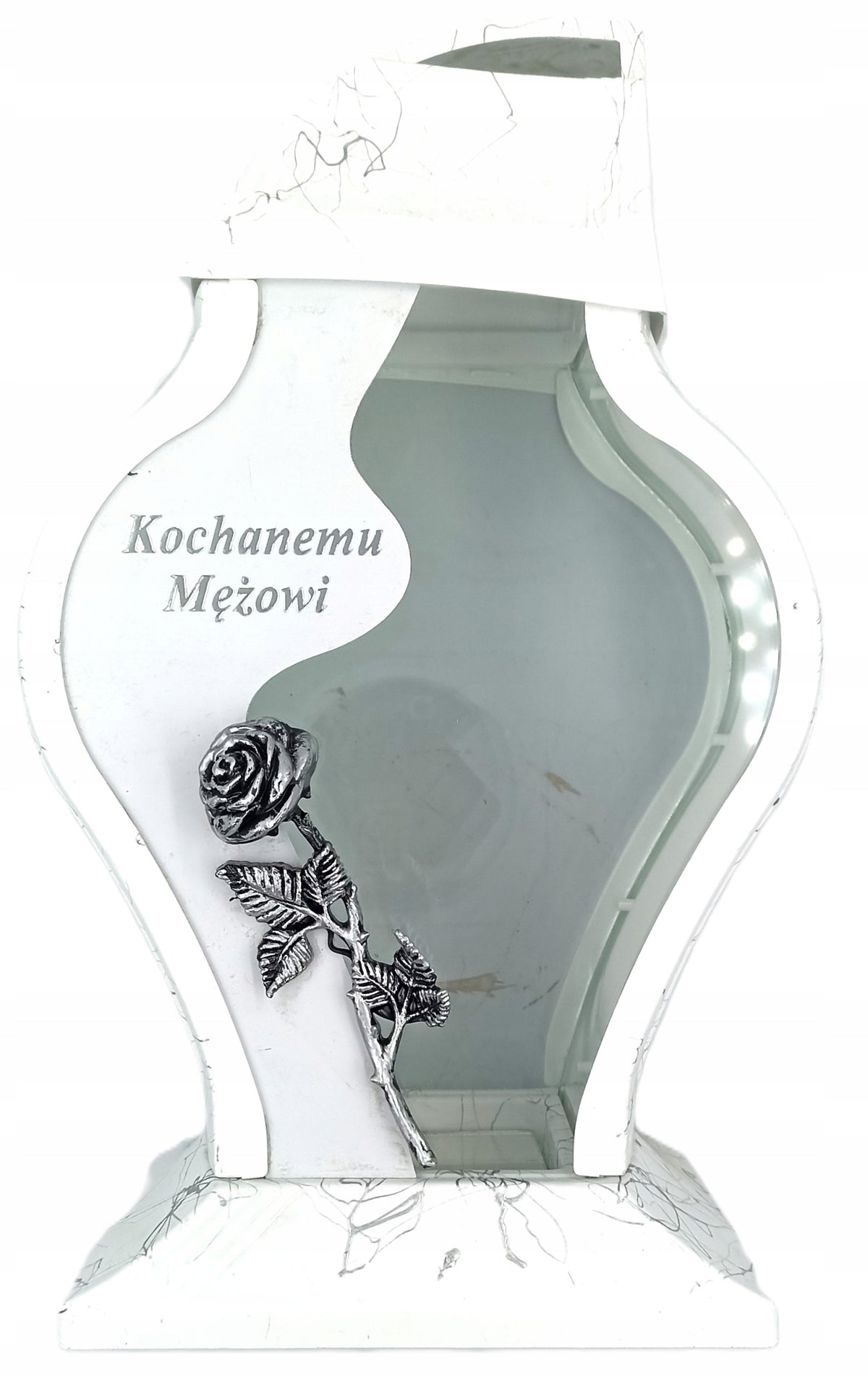 Znicz Faraon wstawka napis kochanemu mężowi 34 cm biały marmur róża wstawka lampion na cmentarz parafinowy do 75 h