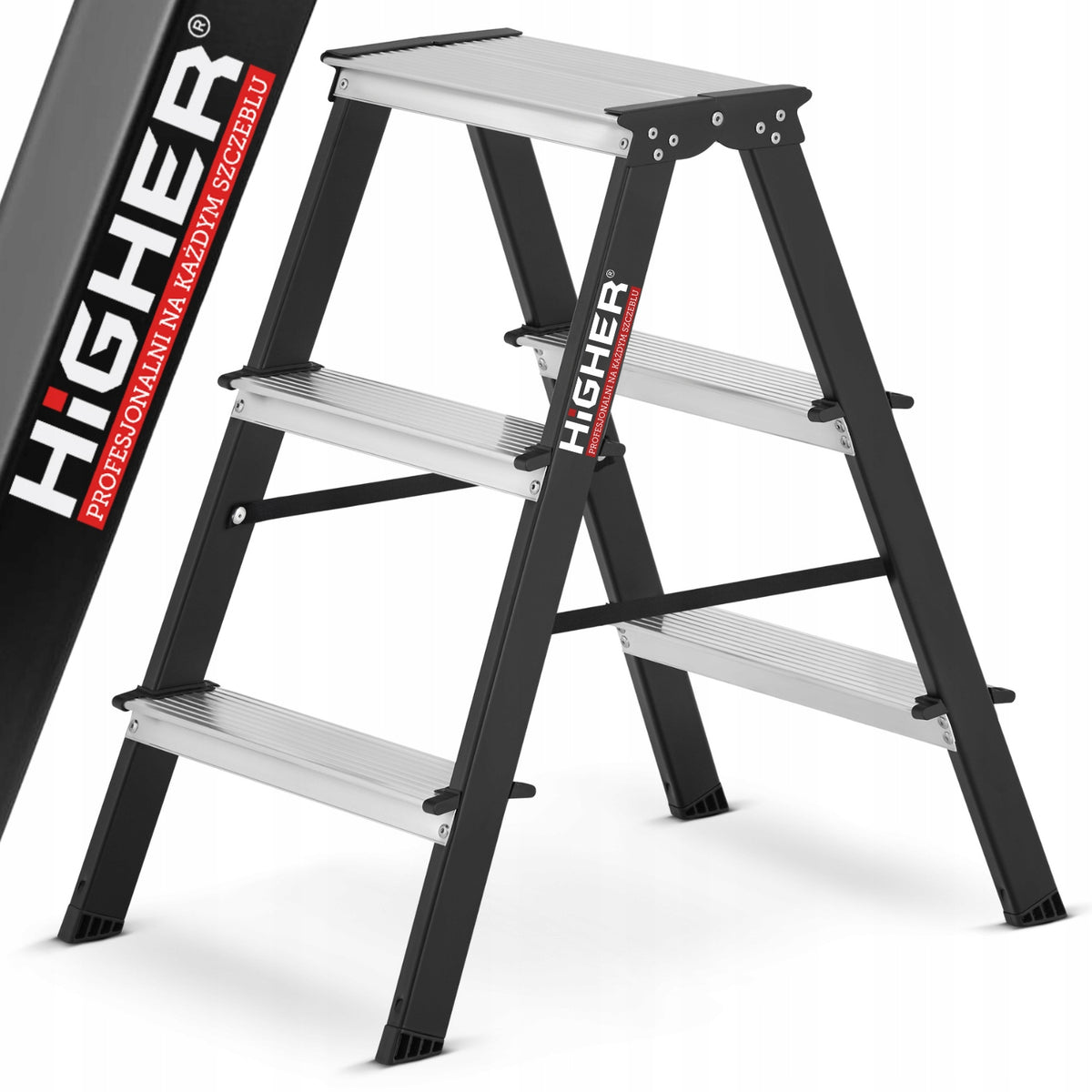 Drabina domowa stalowa dwustronna składana higher 2x3 stopnie 150kg schodki rozstawne, podest 60 cm, wysokość robocza