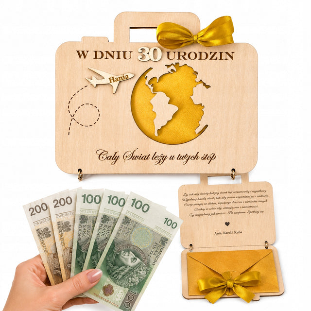 Prezent na Urodziny 18 30 40 Personalizowana Kartka na Pieniądze drewniana pamiątka 3D, koperta w zestawie, życzenia po polsku i angielsku