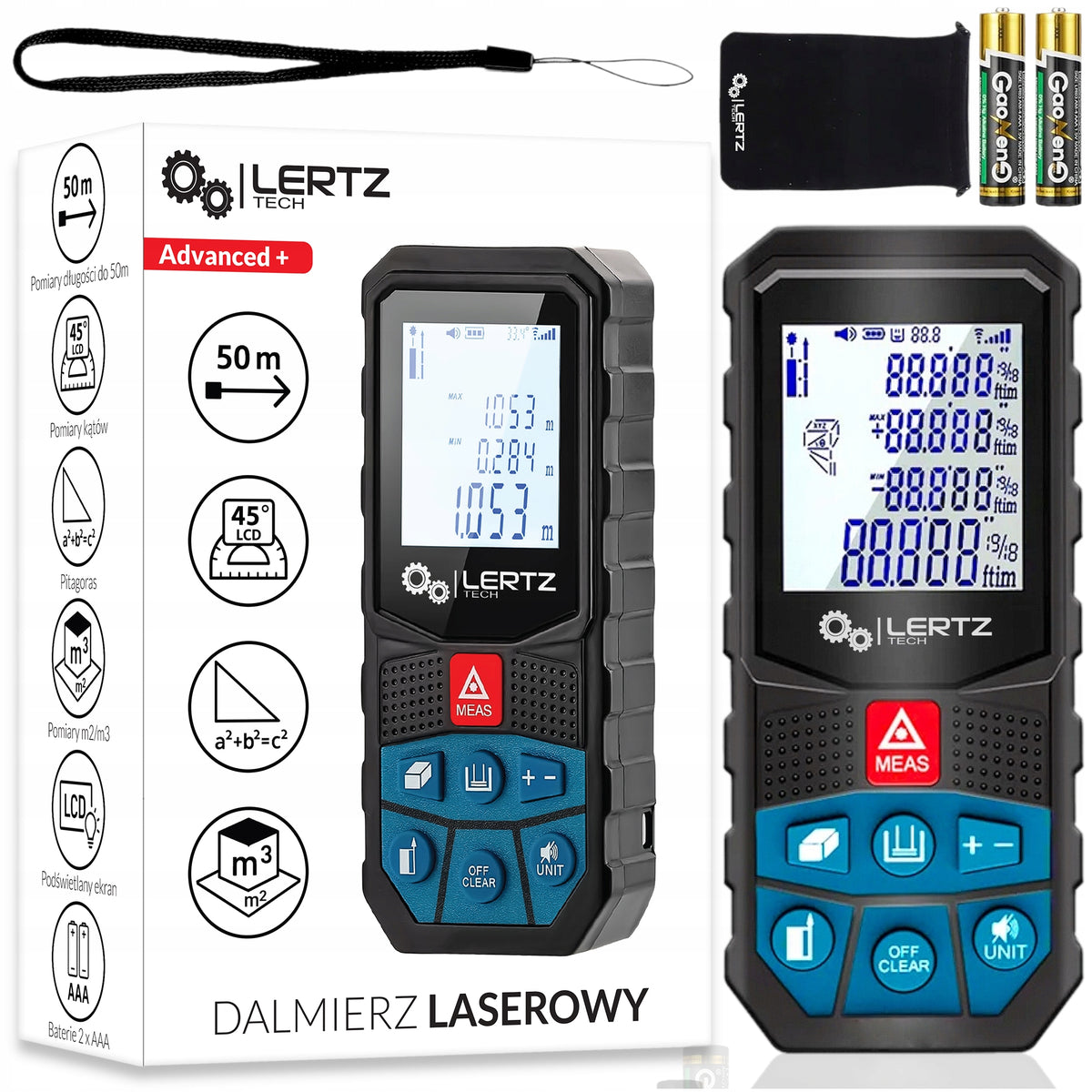 Dalmierz laserowy >50M< kątomierz cyfrowy miernik poziomica laserowa miarka do wnętrz, obliczanie kubatury, pamięć 20