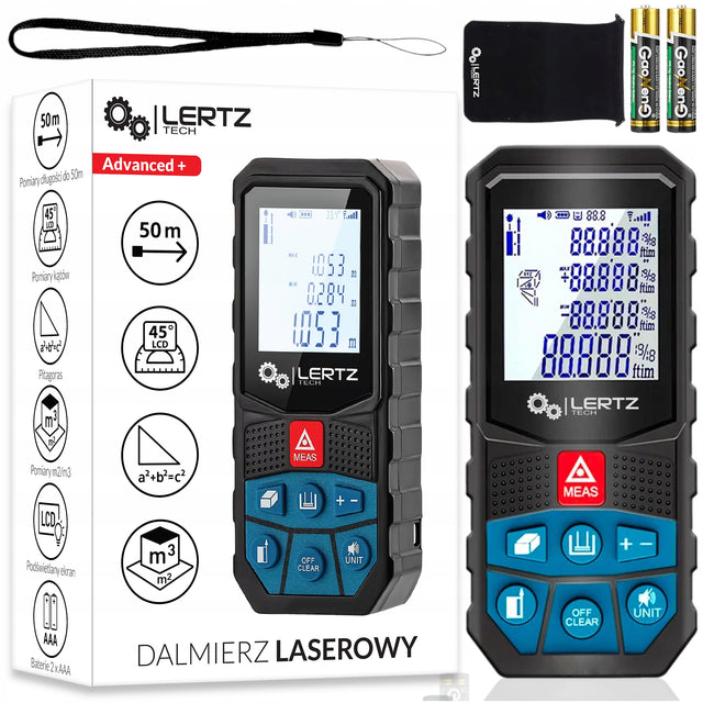 Dalmierz laserowy >50M< kątomierz cyfrowy miernik poziomica laserowa miarka do wnętrz, obliczanie kubatury, pamięć 20 pomiarów, IP54