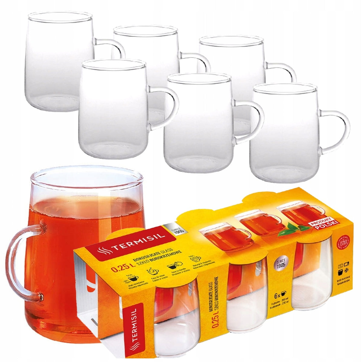 KOMPLET SZKLANKA BARYŁKA 6SZT 250ml TERMISIL SZ96 do kawy i herbaty, naczynia szklane, bezbarwne