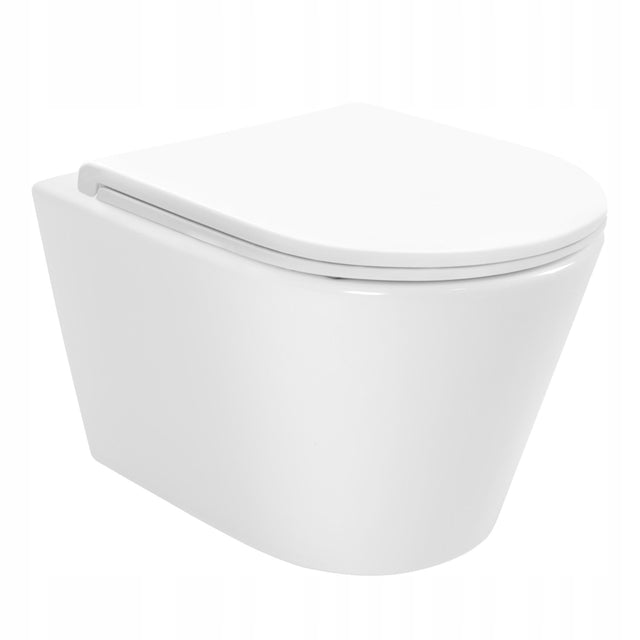 Miska WC wisząca podwieszana REA tito tornado NFQ biała ciche spłukiwanie bezkołnierzowa, odpływ poziomy, z deską sedesową 49,5 cm