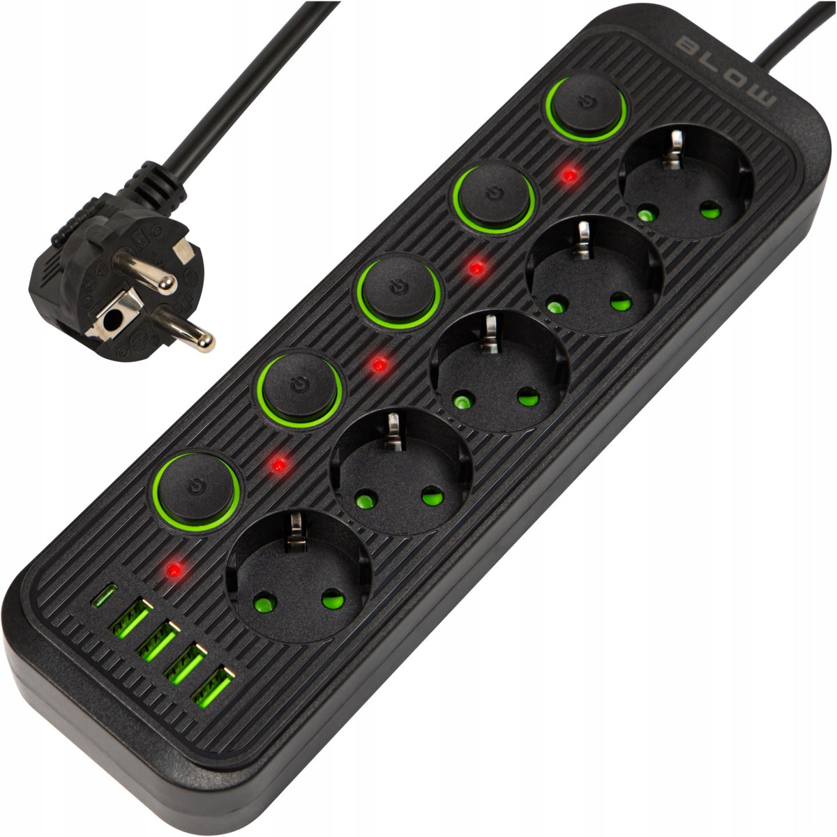 PRZEDŁUŻACZ 4x USB 5 GNIAZD 3m USB ŁADOWARKA TYP-C CZARNY LISTWA ZASILAJĄCA rozgałęziacz sieciowy z uziemieniem, do