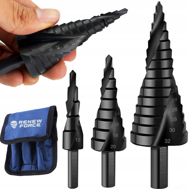 3x spiralne Wiertło stożkowe stopniowe HSS do metalu drewna 4-32MM zestaw