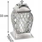 Znicz szklany lampion ozdobny Ażurowy Srebrny 33 cm na grób na cmentarz lampka LED, dekoracja nagrobna, ozdoba pomnika