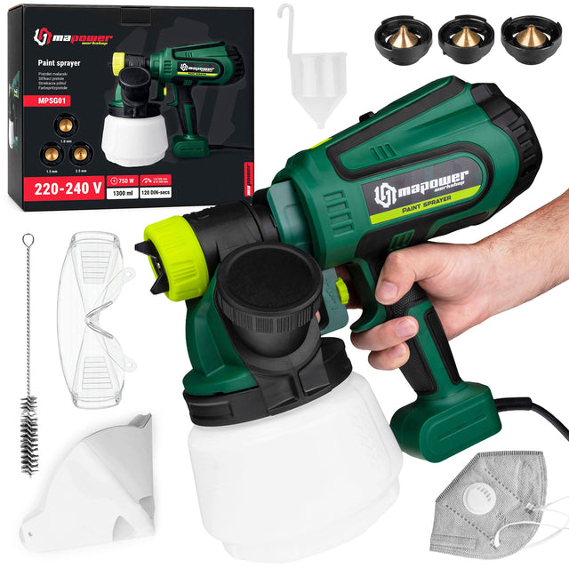 Pistolet do malowania ścian agregat malarski 3 dysze 750 w 120 DIN mapower urządzenie natryskowe, farby, zbiornik 1 l, zasilanie 230 V