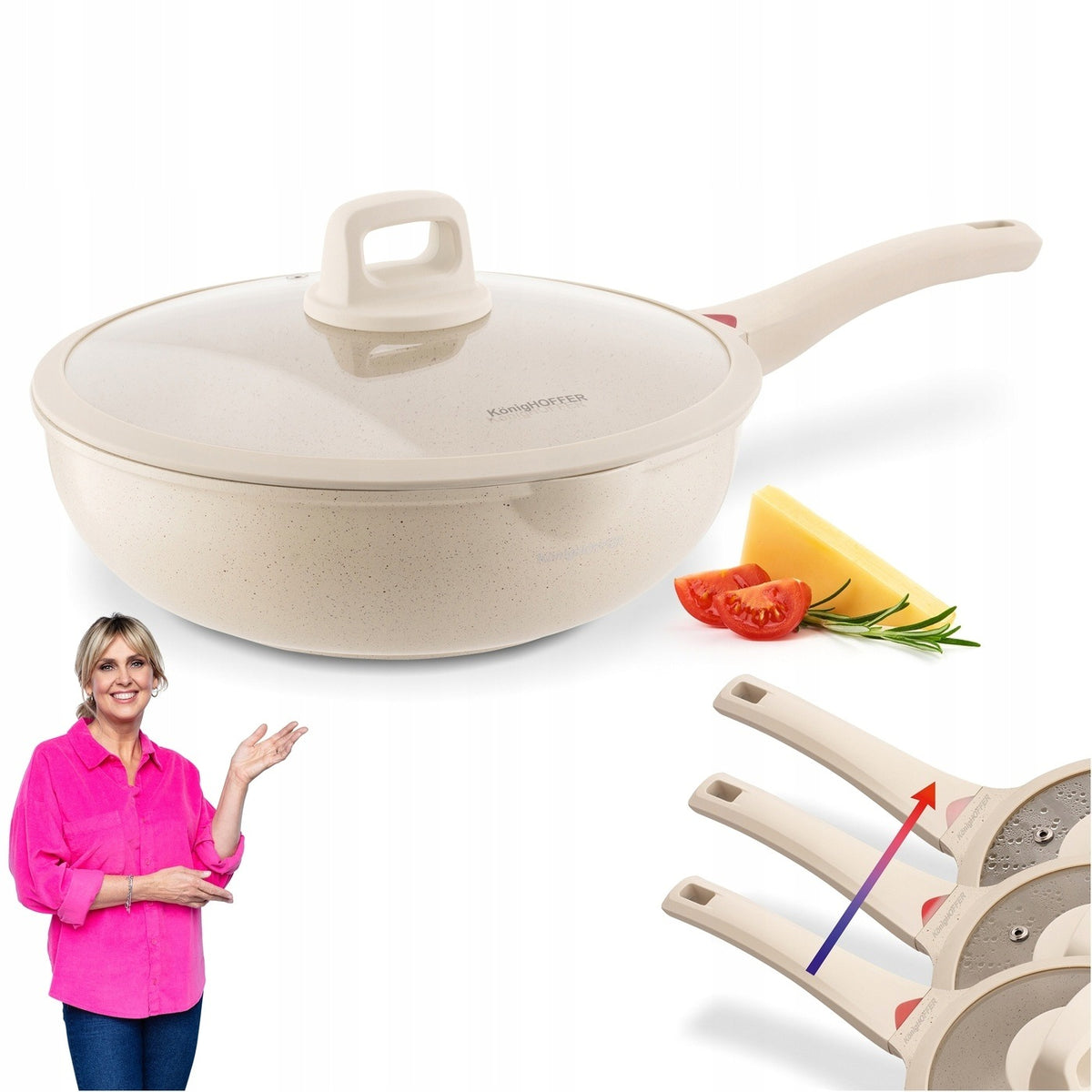 PATELNIA WOK Głęboka Indukcja GAZ POKRYWKA Konighoffer Creamy Marble 30 cm nieprzywierająca, do kuchenek ceramicznych i